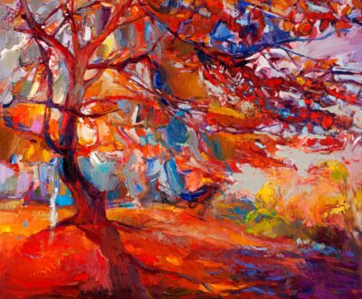 Original oil painting showing beautiful Autumn tree. Modern Impressionism